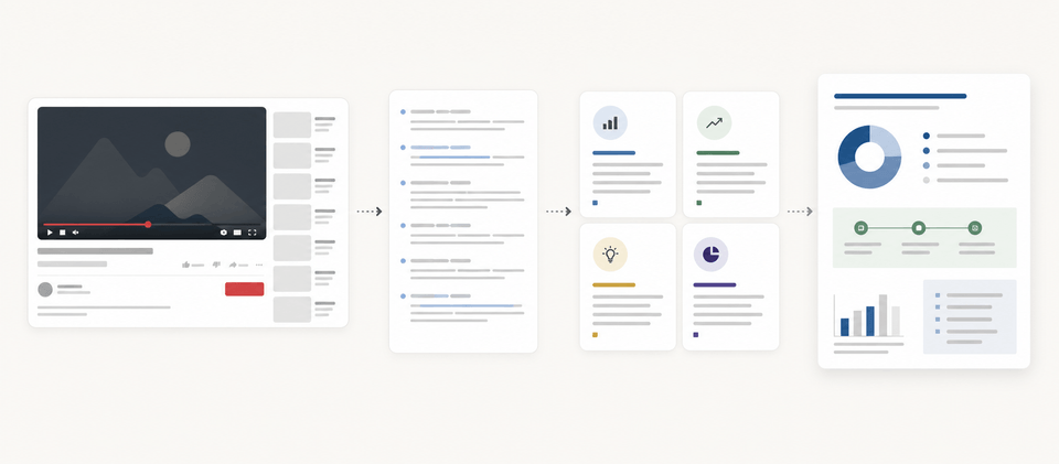 A workflow from video analysis to AI notes, insight cards, and an infographic brief.
